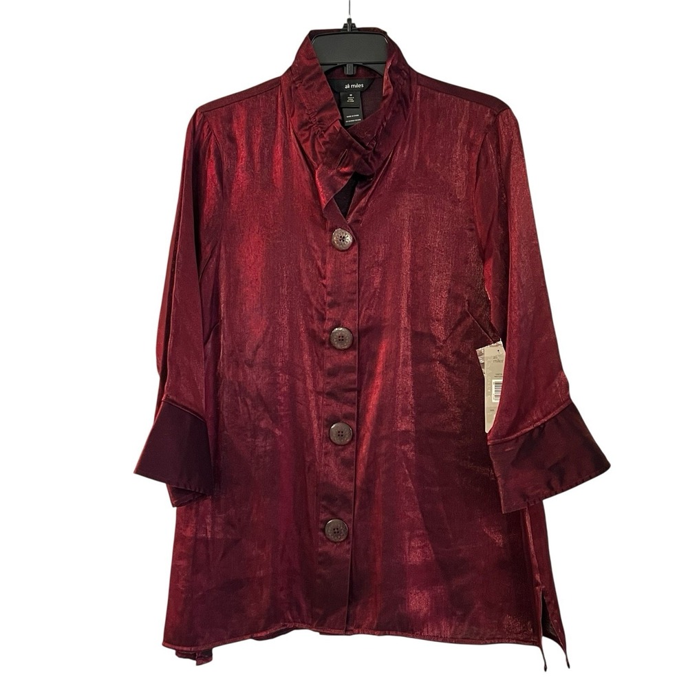 Ali Miles Wire Collar Button Front Tunic Women's Med Deep Red Shimmer‎ Celebrate